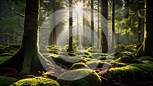 dense green forest in summer with tree trunks in backlight
