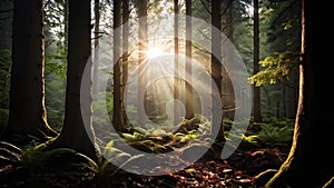 dense green forest in summer with tree trunks in backlight
