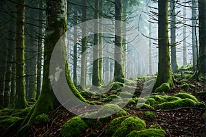 dense green forest in summer with tree trunks in backlight
