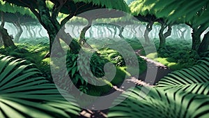 Dense green jungle animation. AI generated video