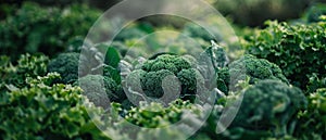 Dense heads of broccoli emerge amongst the lush foliage, showcasing the fullness of the gardens bounty.