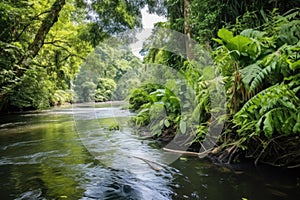 dense jungle flora along the banks of a broad river