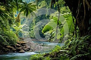 dense jungle flora along the banks of a broad river