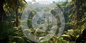 Dense jungle, wild forest with palm trees and tropical plants, generative AI