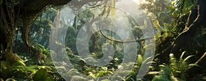 Dense jungle, wild forest with palm trees and tropical plants, generative AI