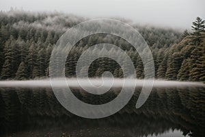 A dense mist rolling over a quiet lake