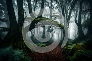 A dense, mystical fog rolling over a tranquil, mossy forest floor