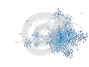 A dense network graph with interconnected nodes and clusters