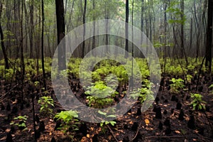 dense regrowth of saplings in a previously burnt forest