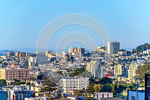 Dense residential and financial buildings in a high angle view at San Francisco, California