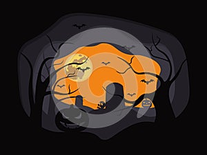 Dense scary forest at halloween night with tombstones, pumpkins and full moon deep effect vector illustration