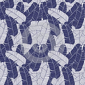 Dense seamless pattern of blue tropical banana palm leaves, hand drawn vector illustration