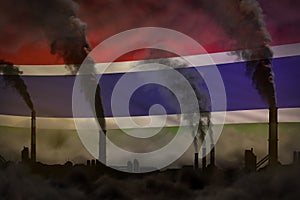dense smoke of factory chimneys on Gambia flag - global warming concept, background with place for your text - industrial 3D