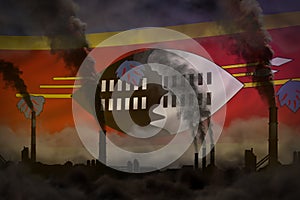 dense smoke of factory chimneys on Swaziland flag - global warming concept, background with space for your logo - industrial 3D