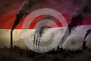 dense smoke of factory pipes on Monaco flag - global warming concept, background with space for your content - industrial 3D