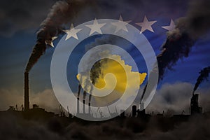 dense smoke of industry chimneys on Kosovo flag - global warming concept, background with space for your text - industrial 3D