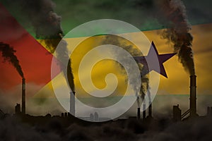 dense smoke of industry chimneys on Sao Tome and Principe flag - global warming concept, background with space for your text -