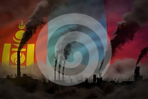 dense smoke of industry pipes on Mongolia flag - global warming concept, background with space for your text - industrial 3D