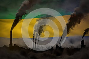 dense smoke of plant pipes on Gabon flag - global warming concept, background with space for your text - industrial 3D