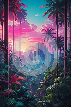 A Dense Tropical Forest With Synthwave Aesthetic Scenes From A Panoramic Point Of View.