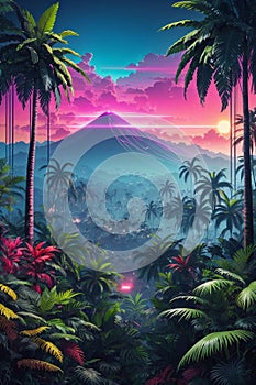 A Dense Tropical Forest With Synthwave Aesthetic Scenes From A Panoramic Point Of View.