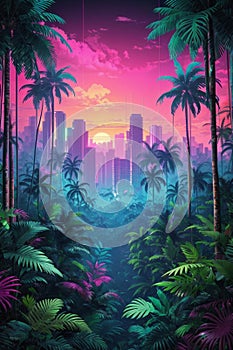 A Dense Tropical Forest With Synthwave Aesthetic Scenes From A Panoramic Point Of View.