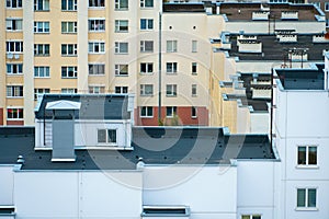 Dense urban development. A modern area of the city with beautiful multi-colored multi-storey buildings. Top view of the sleeping