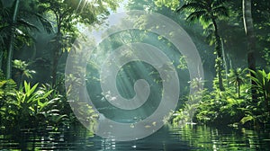 A dense vibrant rainforest with towering trees photo