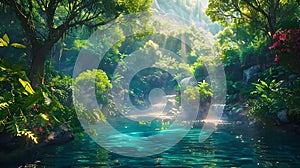 A dense vibrant rainforest with towering trees photo