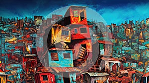 Densely overcrowded multistory favela shantytown houses painted in vivid colors - generative AI photo
