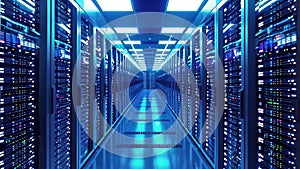 A densely packed configuration of computer servers filling a large data center, Rows of servers in a high tech data center