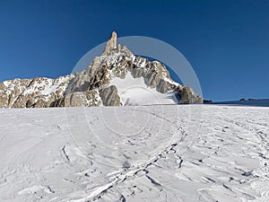 The Dent du Geant and Mont Blanc glacier in the Mont Blanc massif, Courmayeur town, Italy photo