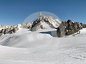 The Dent du Geant and Mont Blanc glacier in the Mont Blanc massif, Courmayeur town, Italy