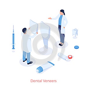 Dental aesthetic veneers. Dentists put on healthcare cosmetic and medical dental onlays