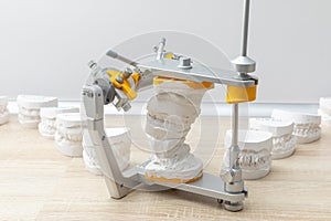 Dental articulator with dental teeth prosthesis model in dental madical laboratory