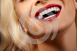 Dental Beauty. Beautiful Macro with perfect White Teeth. Fashion Lips Red Make-up. Whitening Tooth, Wellness Treatment