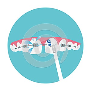 Daily dental care for braces, oral hygiene, orthodontics concept, vector illustration.