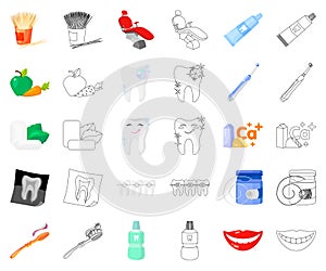 Dental care cartoon,outline icons in set collection for design. Care of teeth vector symbol stock web illustration.