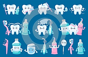 Dental care characters. Tooth toothbrush toothpaste dental floss cute cartoon mascots for dentistry and pediatric
