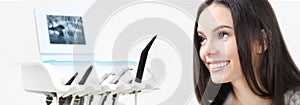 Dental care concept, beautiful smiling woman on dentist clinic b