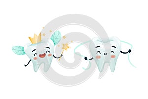 Dental Care with Cute Funny Tooth Character with Floss and Magic Wand Vector Set