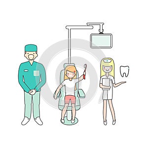 Dental care. Dentist doctor, nurse and patient in medical dental clinic. Girl in dentist chair. Vector cartoon people