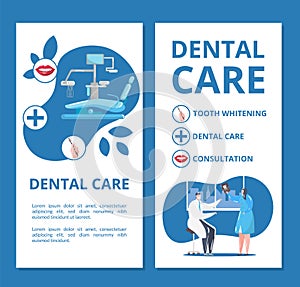 Dental care and dentistry banners set with doctors in stomatological clinic doing tooth x-ray and dentistry equipment