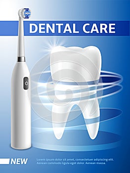 Dental care. Electric toothbrush and white tooth. Daily hygiene. Stomatology clinic poster. Professional tools for oral