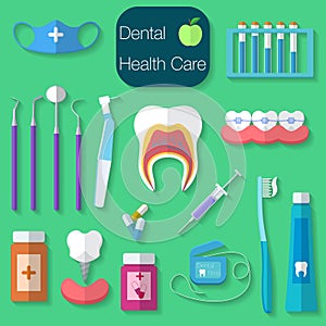 Dental care flat design Vector illustration with Dental floss, teeth, mouth, tooth paste and brush, medicine, syringe and dentist