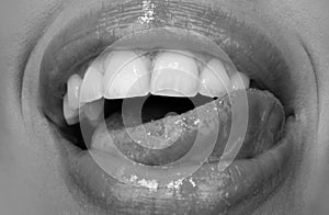 Dental care, healthy teeth and smile, white teeth in mouth. Closeup of smile with white healthy teeth. Open mouth