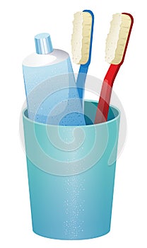 Dental care hygiene accessories, a toothpaste, blue and red brush in cyan aquamarine glass isolated on whiter background. Cute