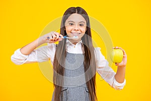 Dental care, hygiene and child. Teenage girl with toothbrush brushing teeth.