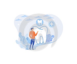 Dental care illustration. Doctor dentist and medical staff taking care about teeth. Professional teeth cleaning, treatment and