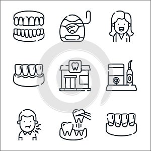 Dental care line icons. linear set. quality vector line set such as plaque, extraction, toothache, dental irrigator, dental, gums